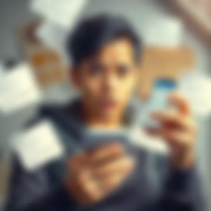 A person looking frustrated while using a smartphone, surrounded by survey notifications and incomplete forms, highlighting issues with survey apps.