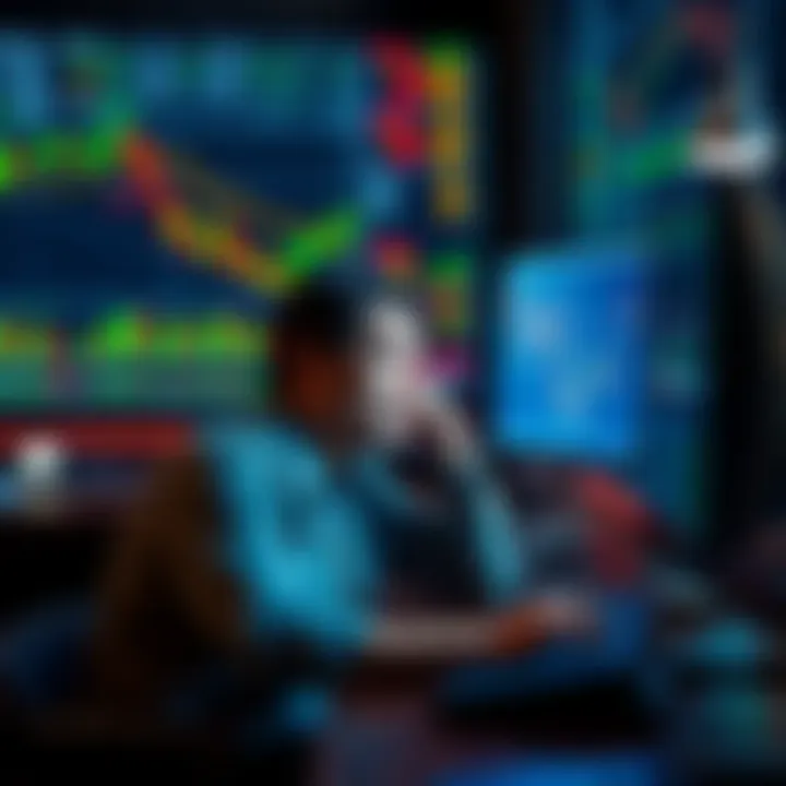 A trader sits at a desk, looking frustrated while staring at a computer screen filled with stock market graphs and charts, symbolizing the pressure of impulsive trading decisions during quiet market t...