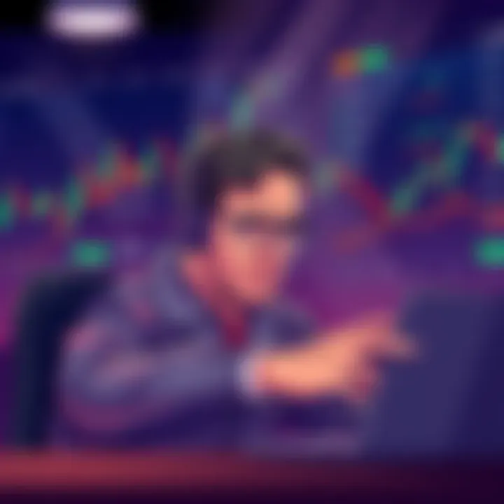 A digital illustration capturing a user overwhelmed by technical issues on a cryptocurrency trading platform, with a backdrop of fluctuating market graphs.
