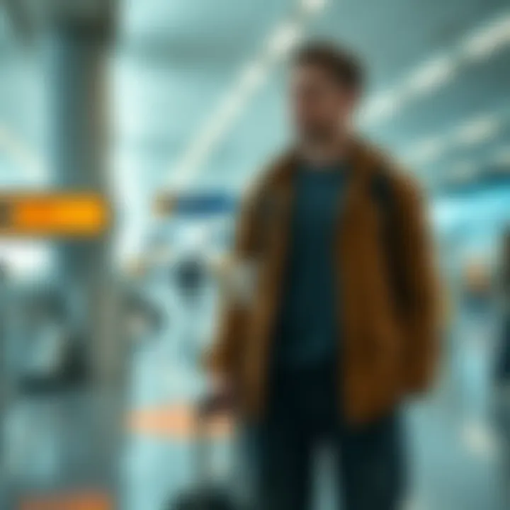 A traveler looks frustrated while standing in an airport terminal, far from the lounge location, with luggage in hand.