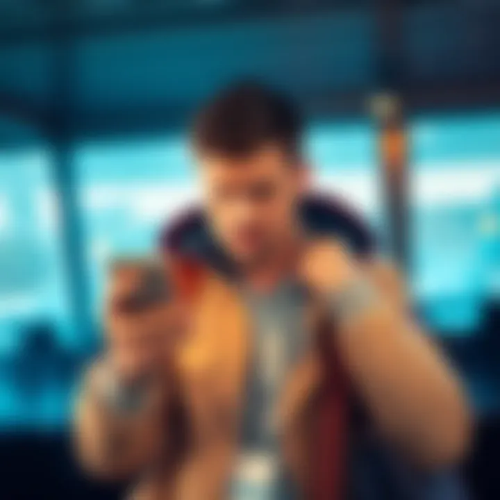 A Polish traveler looks upset while holding a phone, indicating frustration over a rejected chargeback with Revolut for a canceled flight.