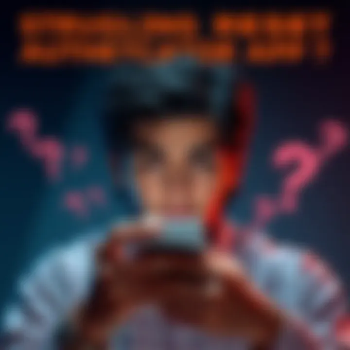 A person looks frustrated while attempting to reset their two-factor authentication app on a smartphone, surrounded by question marks.