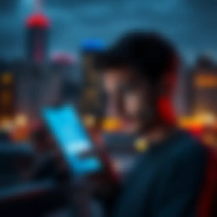 A user looking stressed while trying to log into the Revolut app on their phone, symbolizing login issues, with a blurred background of a cityscape in Serbia