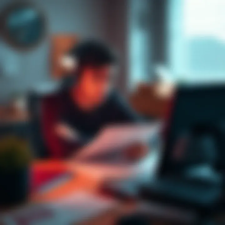 A person sitting at a desk with a laptop, looking upset while reviewing tax documents and bills