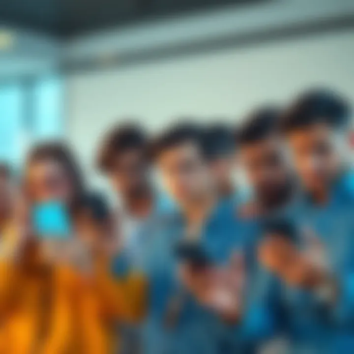 A group of frustrated people looking at their smartphones, showing confusion and disappointment over restricted Revolut accounts