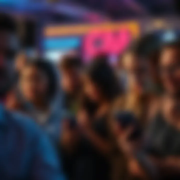 Group of frustrated people looking at their phones, waiting for a reply from company support.