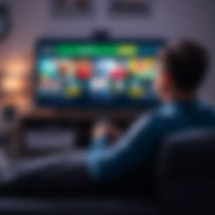Frustrated viewer watching sportsbook ads A person sitting on a couch with a remote, looking frustrated at multiple sportsbook ads on the TV screen