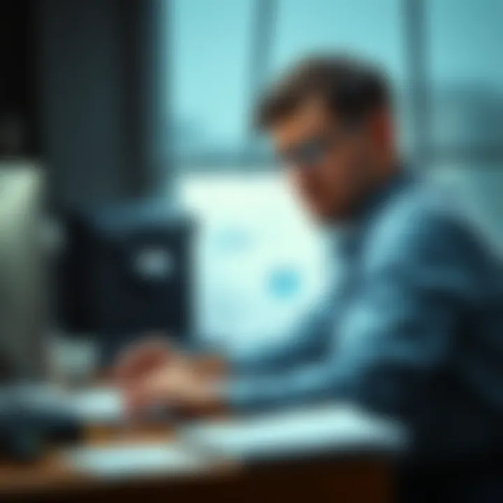 Frustrated worker at a desk with papers and a computer, expressing discontent with job and corporate culture