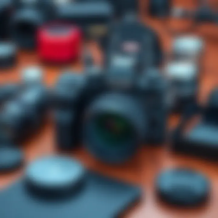 Fujifilm X-T50 camera with a 55mm f1.6 lens on a wooden table surrounded by photography accessories