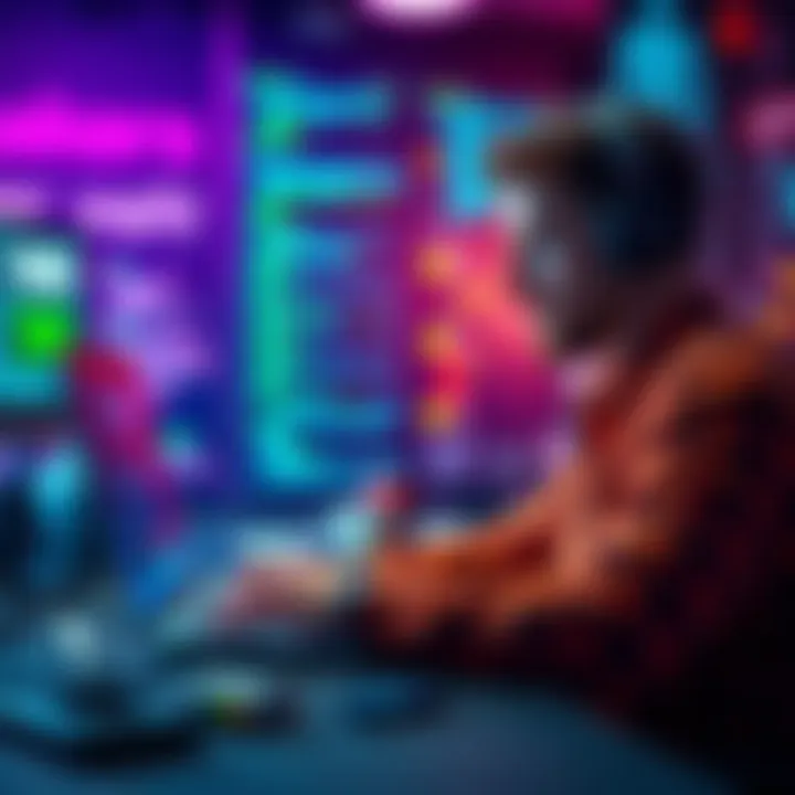 A developer working on a laptop, surrounded by code and tech elements, looking focused and ready to collaborate for the Gemini Hackathon.