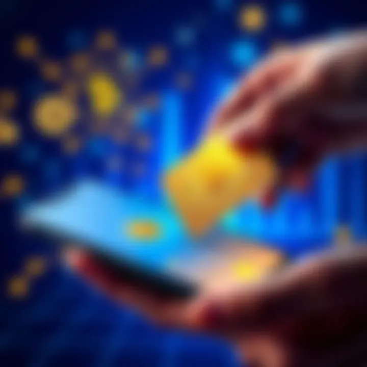 Funding Wallet with Bitcoin A person using a debit card to fund a Bitcoin wallet on a smartphone with cryptocurrency icons in the background.