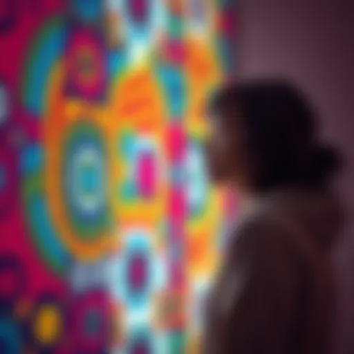 A confused beginner looking at a colorful, funky pattern on their wall, trying to figure out its meaning