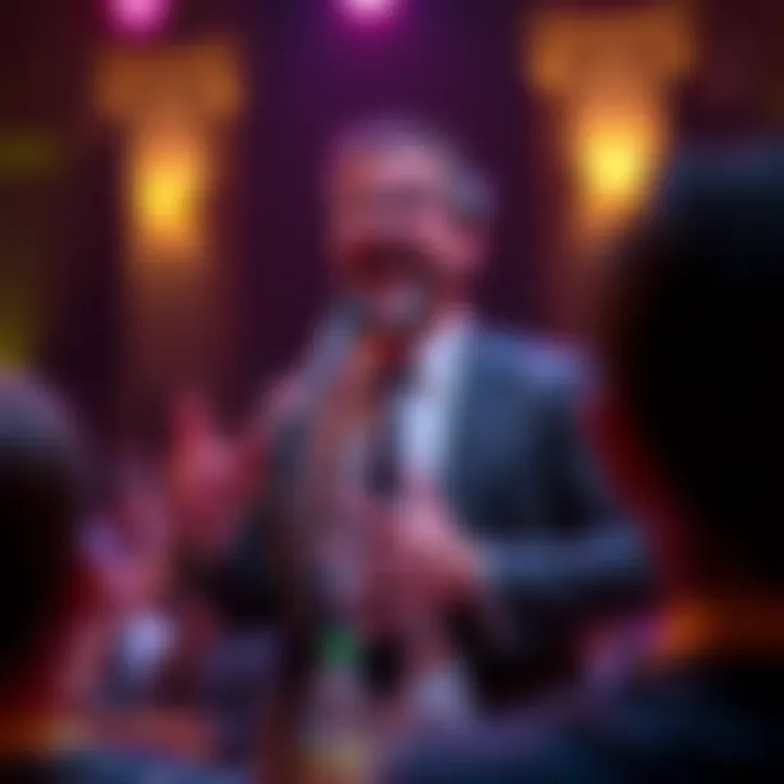 A comedian exaggerating a funny story about a terrible situation, making an audience laugh.