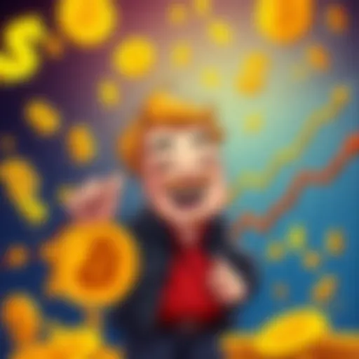 A cartoon character laughing while holding a Bitcoin symbol, surrounded by dollar signs and a humorous chart showing rising trends.