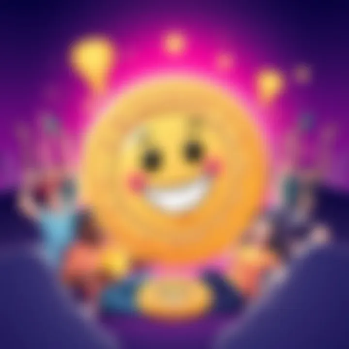 A cartoonish coin with a smile, featuring humorous elements related to a meme culture, surrounded by cheerful people engaging in fun activities.