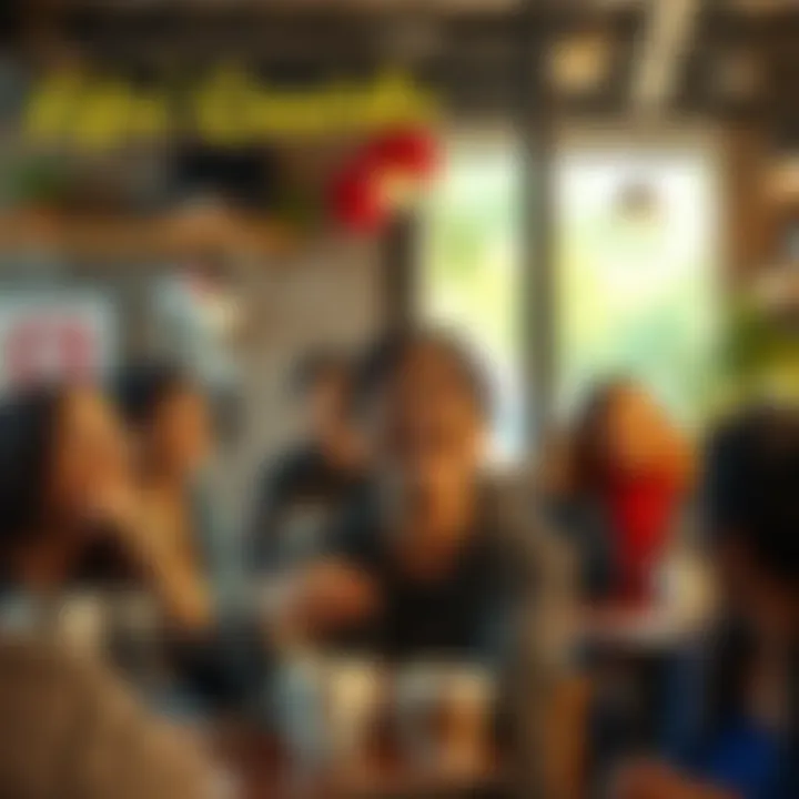 A person laughing at a comical scene in a coffee shop, surrounded by friends enjoying quirky conversations.