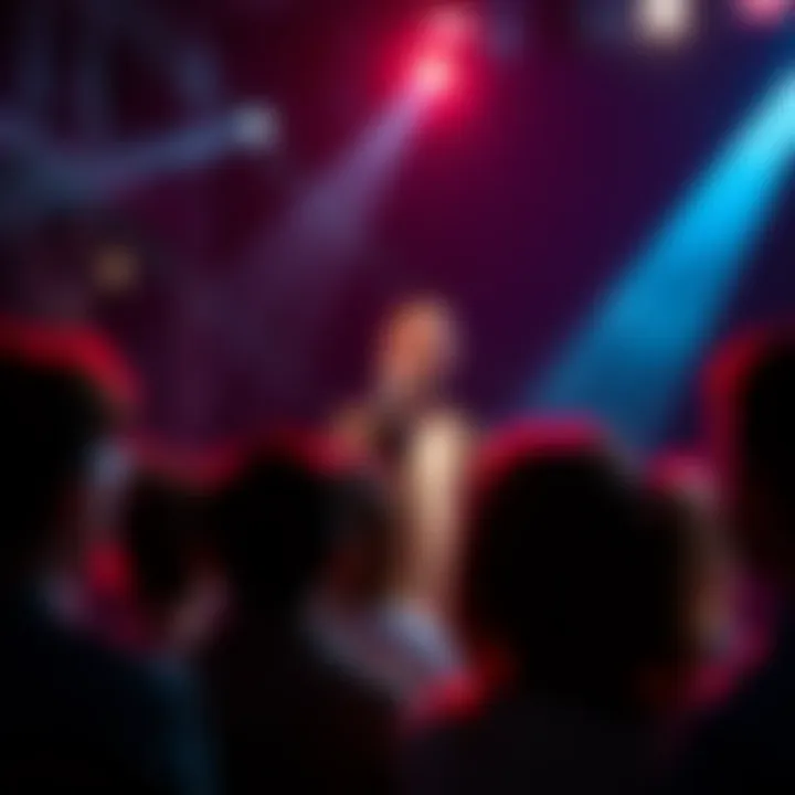 A performer entertains the audience with a comedic act, making them laugh and smile.