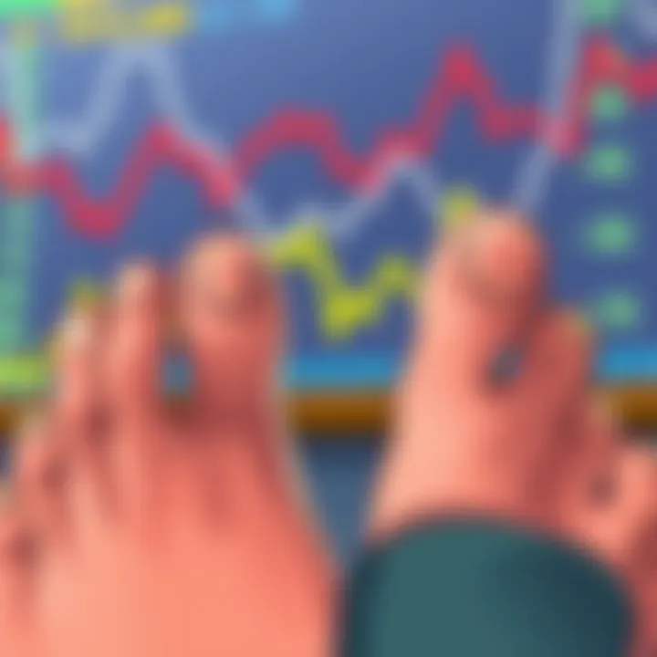 A cartoon of a person comparing toenails and stock trends, with toenails in the foreground and falling stock graphs in the background, highlighting the humor in poor investment choices.