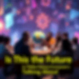 A diverse group of people sitting in a circle, sharing ideas about future changes and predictions, with a globe and notepads in front of them.