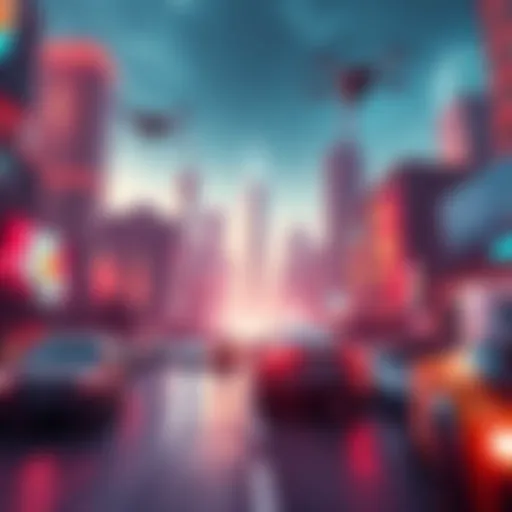 A futuristic city skyline with advanced technology like drones and electric vehicles on the streets, symbolizing upcoming innovations.