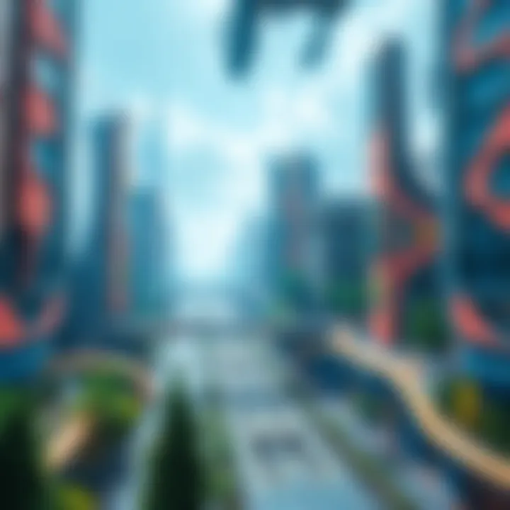 A futuristic cityscape showcasing advanced technology, green spaces, and eco-friendly transportation options in 2050.