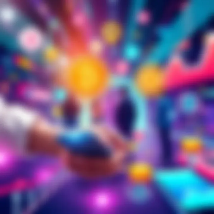 An illustration showing fintech innovations, blockchain symbols, and digital currencies. People are using smartphones for transactions and investments.