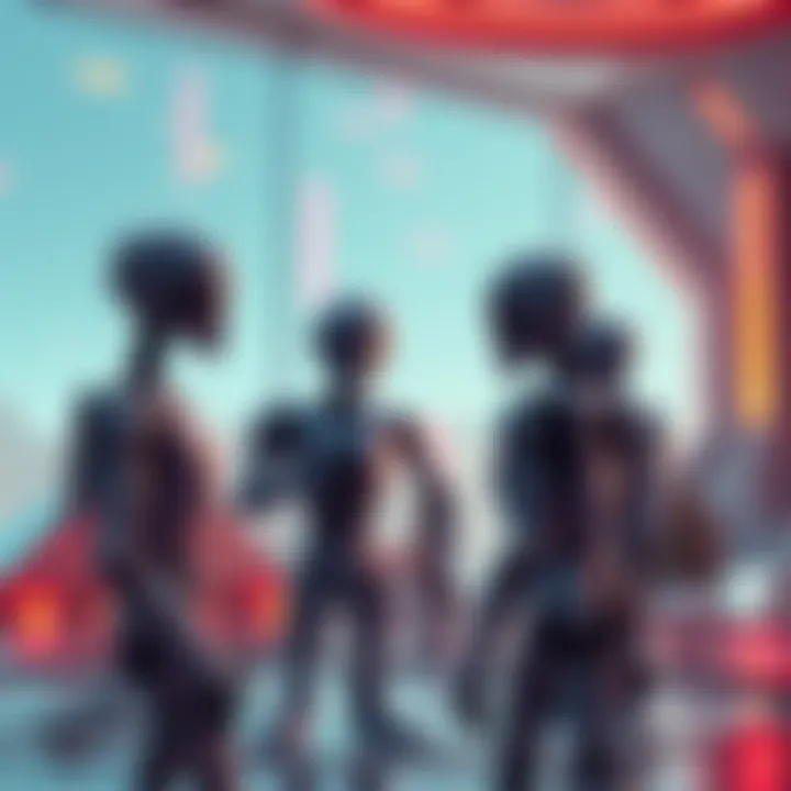 A group of protocol droids discussing their next locations at a futuristic setting