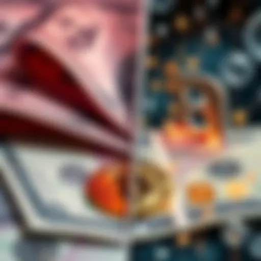 A split image showing paper currency on one side and digital currency symbols like Bitcoin and credit cards on the other side, reflecting the transition from cash to digital transactions.