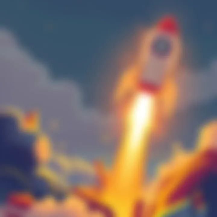 Illustration showing a rocket taking off with $DOGE symbol, representing potential growth in value.