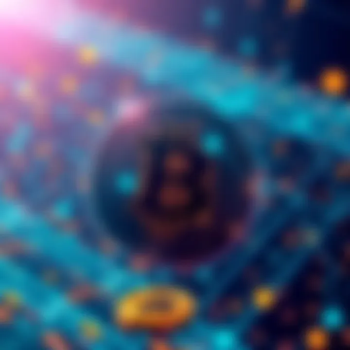 An illustration showing a futuristic payment network with digital transactions and a depiction of Bitcoin fading in the background.