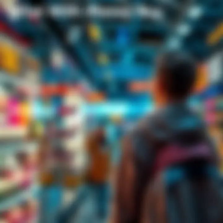 A person looking at futuristic shopping options with digital displays showing products and prices, symbolizing changes in consumer spending.