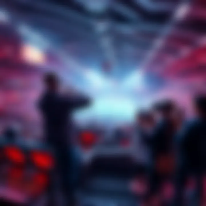 A futuristic sports arena with advanced technology, showcasing fans using VR headsets and players engaging with smart equipment.