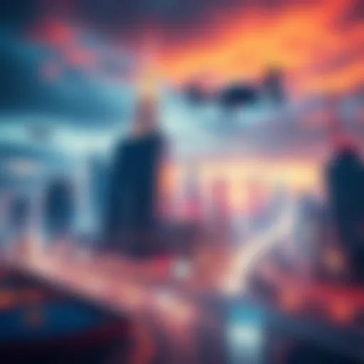 A city skyline featuring advanced technology like flying cars and smart buildings, representing future trends in innovation.