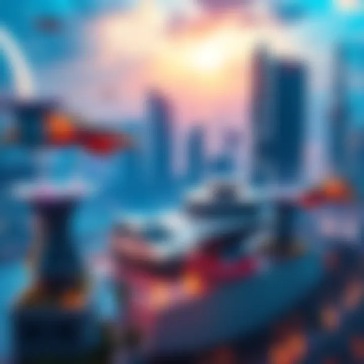 A vibrant skyline showcasing advanced technology, with flying vehicles and green spaces integrated among modern buildings.