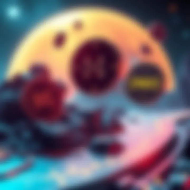 An artistic representation of Hbar, KAS, and ONDO symbols floating in a digital space, showcasing their potential and innovation in the cryptocurrency market.