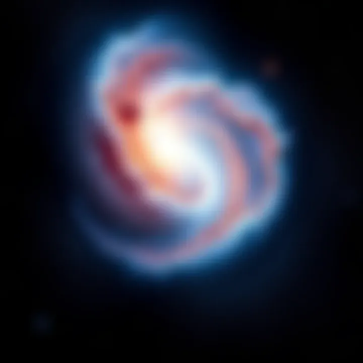 A visualization of two galaxies merging in space, with stars and cosmic dust swirling around them.