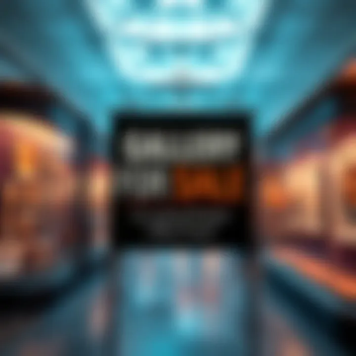 A sign indicating a gallery is for sale, with details for contacting the manager