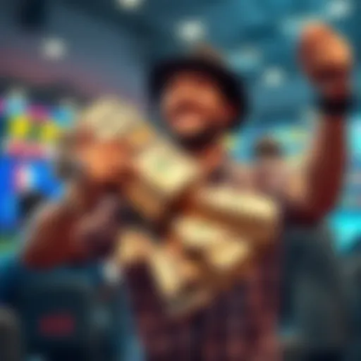 A happy gambler holding a large stack of cash, celebrating a $400K win from political betting related to Venezuela.