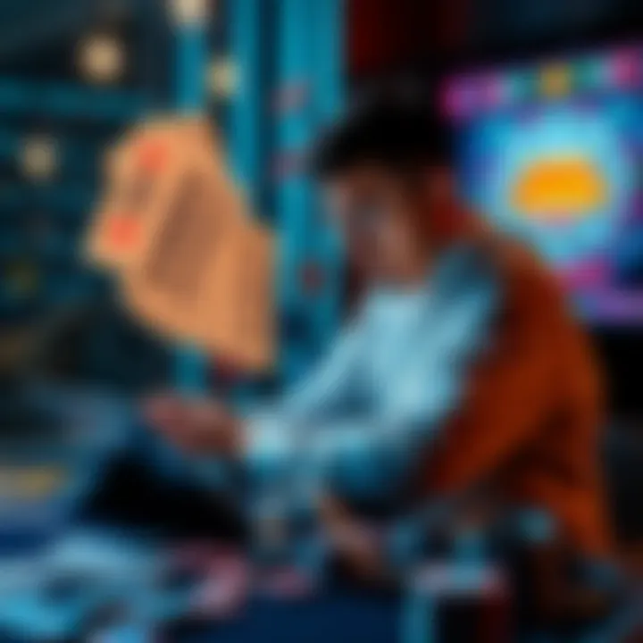 A person sitting at a laptop with images of lottery tickets and casino symbols around them, highlighting the trend of degen gambling in finance.