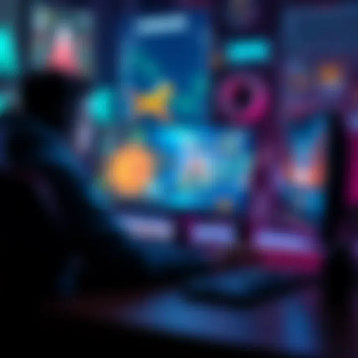 Game Development Challenges A person sitting at a computer, focused on solving complex game development issues, with game design elements on the screen.