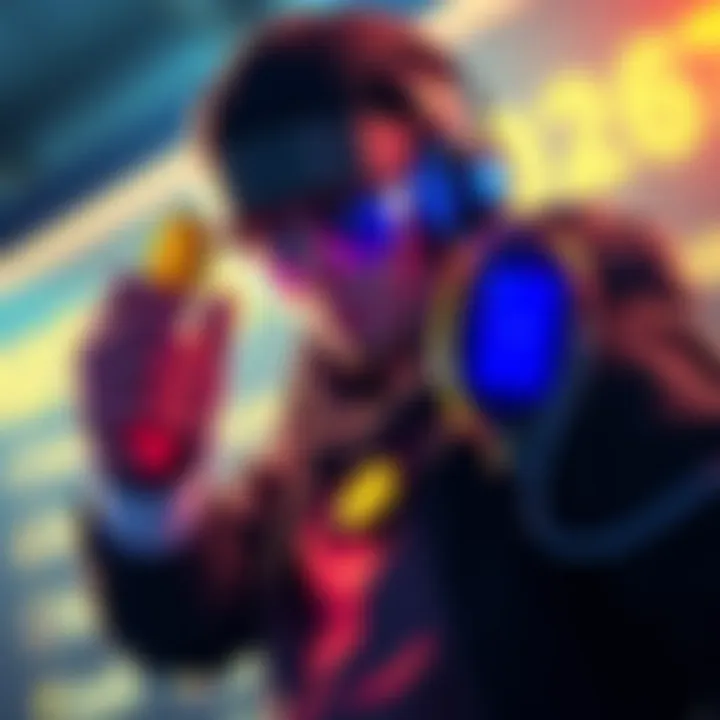 A gaming character holding coins and looking at a timer, representing in-game purchases and delayed rewards.