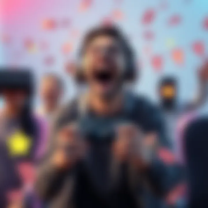 A joyful gamer with a surprised expression, holding a gaming controller and surrounded by gaming-themed decorations, celebrating an unexpected victory after a month of playing.