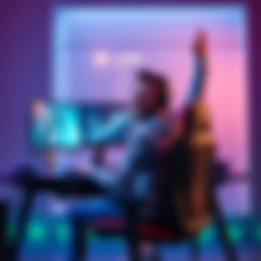 A cheerful gamer sitting at a desk with a gaming setup, showing excitement over a significant FPS increase on their screen after a driver update.