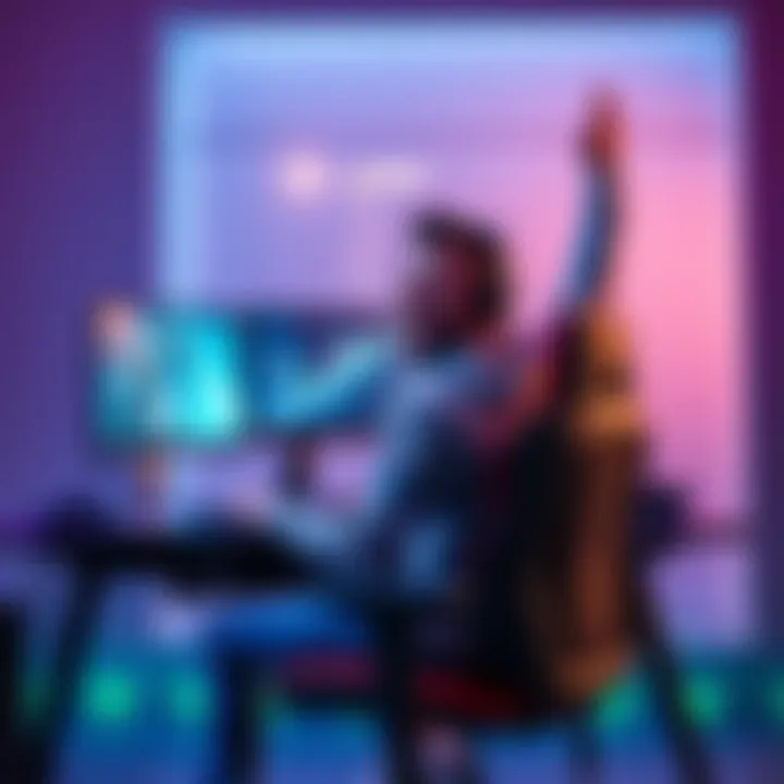 Gamer celebrating FPS boost A cheerful gamer sitting at a desk with a gaming setup, showing excitement over a significant FPS increase on their screen after a driver update.