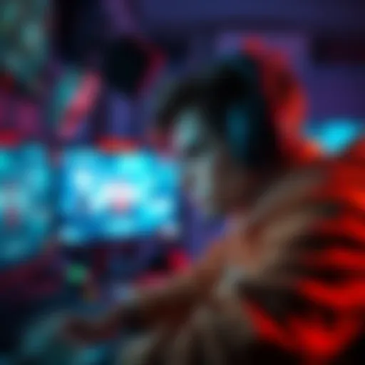 A gamer intensely focused on defeating game levels, surrounded by gaming setup and screens, showcasing determination
