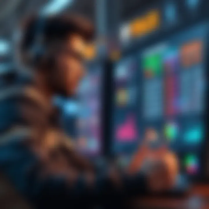 A gamer analyzing stats and strategies on a digital screen, considering tier upgrades and break even points