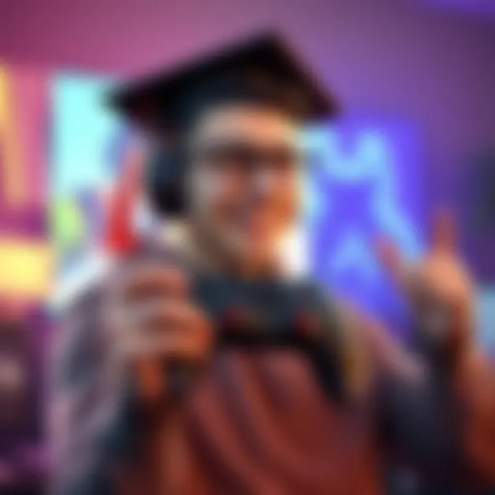 A happy gamer holds a controller with a graduation cap on their head, symbolizing their achievement after four years of gaming.