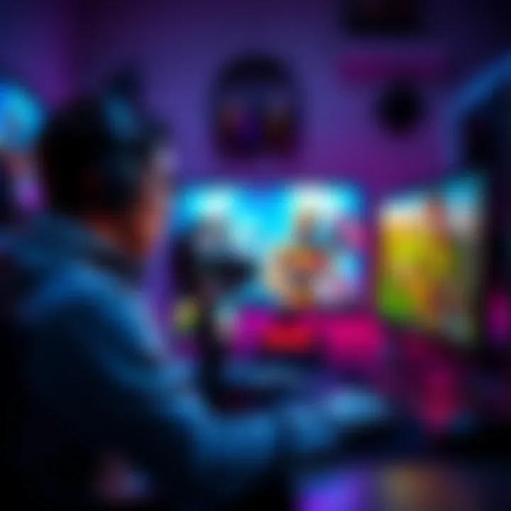 A gamer filming a tutorial with a camera, surrounded by gaming gear and a computer setup, focused on content creation about a video game.