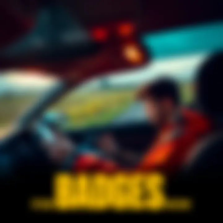 A gamer looks at a mobile device while driving through a rural area, curious about missing badges in the game.