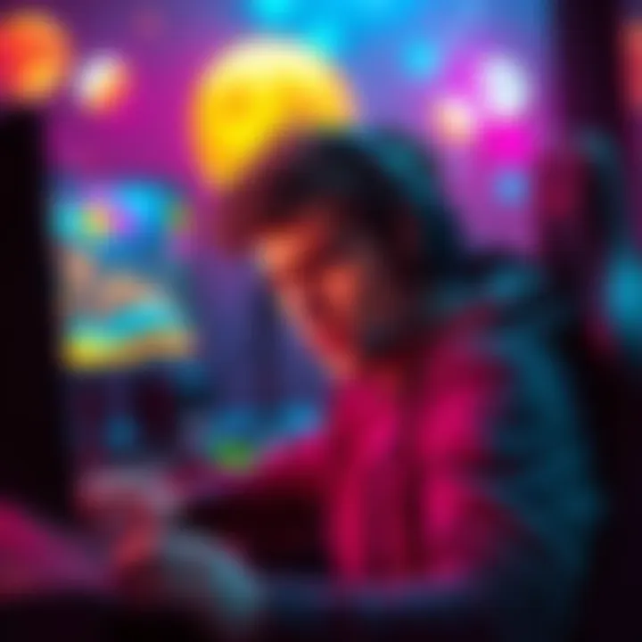 A gamer looking frustrated while playing a video game, with a screen showing bright colors and effects like blood moons in the background. The gamer appears confused due to colorblindness.